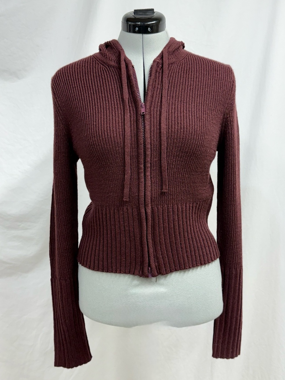 Women's Burgundy-Double Zipper Hooded Ribbed Sweater
